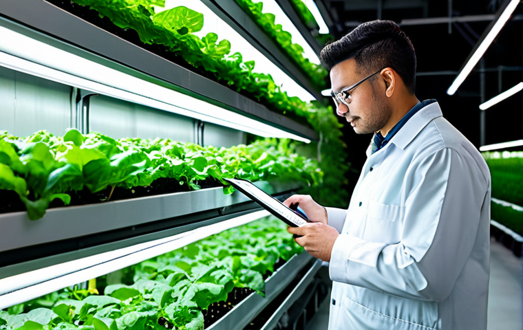 A professional urban farm manager, a man in a modest, modern work uniform, meticulously inspecting rows of vibrant green leafy vegetables growing in a sophisticated hydroponic vertical farming system within a brightly lit indoor urban farm. The background features advanced agricultural technology and controlled environment elements, conveying innovation and sustainability. Perfect anatomy, correct proportions, well-formed hands, natural pose, professional photography, high quality, safe for work, appropriate content, fully clothed, professional dress, modest clothing.