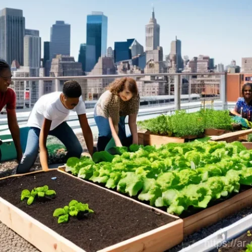 도시농업관리사 시험 접수 방법 - **Prompt:** A vibrant, sun-drenched urban rooftop community garden. Diverse group of adults and teen...