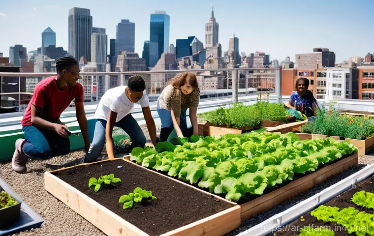 도시농업관리사 시험 접수 방법 - **Prompt:** A vibrant, sun-drenched urban rooftop community garden. Diverse group of adults and teen...