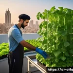 도시농업관리사 자격증이 유리한 직업군 - A vibrant urban rooftop garden in a Middle Eastern city at sunset, showcasing vertical hydroponic sy...