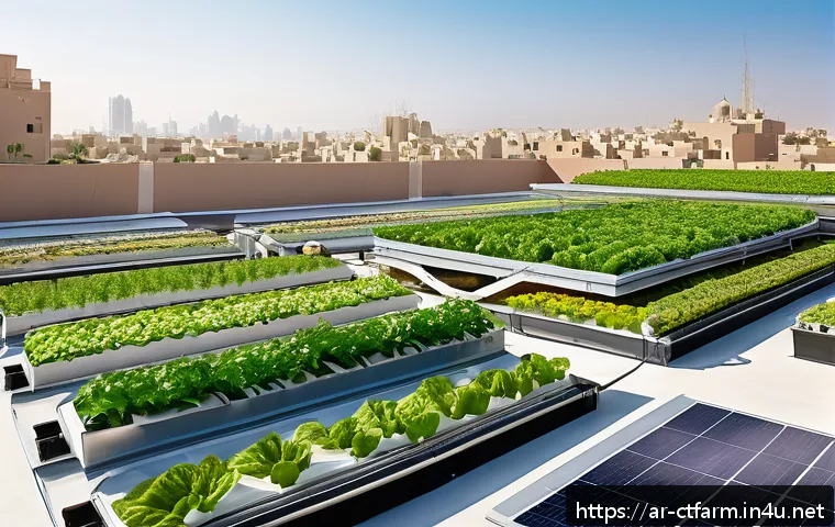 도시농업관리사와 스마트 농업 기술 - A vibrant urban rooftop garden in a Middle Eastern city, showing layered vertical farming structures...