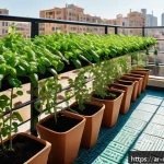 Home 18 도시농업관리사 필수 이론 요약 - A vibrant urban balcony garden scene in a Middle Eastern city, featuring vertical farming racks fill...