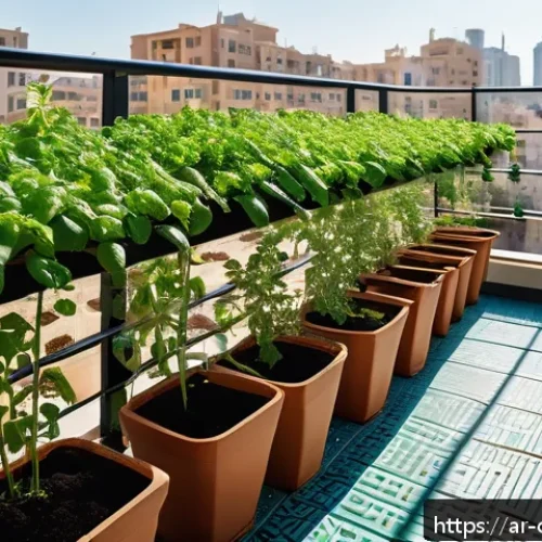 Home 30 도시농업관리사 필수 이론 요약 - A vibrant urban balcony garden scene in a Middle Eastern city, featuring vertical farming racks fill...