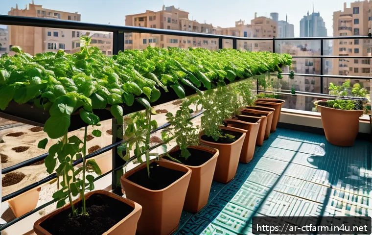 도시농업관리사 필수 이론 요약 - A vibrant urban balcony garden scene in a Middle Eastern city, featuring vertical farming racks fill...