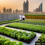 Home 23 도시농업관리사 직업 안정성 평가 - A modern urban rooftop garden in a Middle Eastern city at sunset, showcasing vertical farming struct...