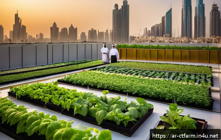 도시농업관리사 직업 안정성 평가 - A modern urban rooftop garden in a Middle Eastern city at sunset, showcasing vertical farming struct...