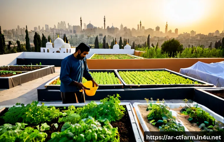 도시농업관리사 자격증 활용 사례 - Photorealistic rooftop urban farm in a modern Arab city at golden morning light, a qualified urban a...