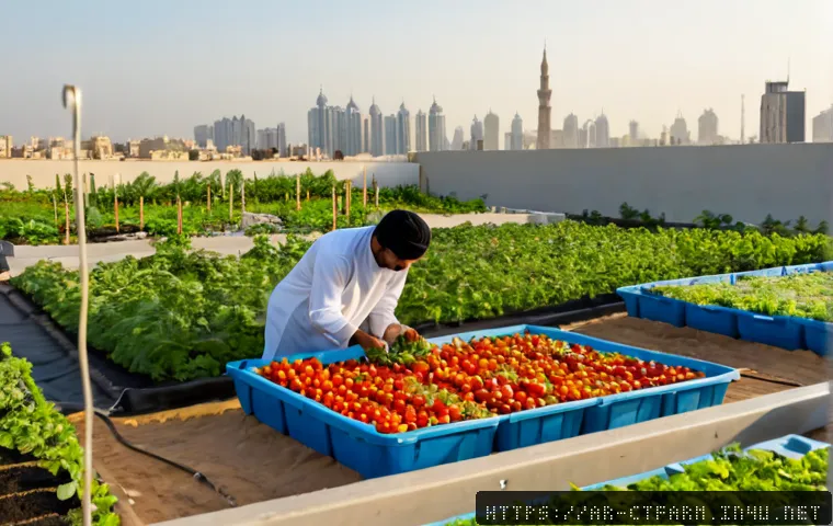 Home 17 도시농업관리사와 농업 생산성 향상 - Photorealistic rooftop urban farm in a modern Arab city at golden morning light, an Arab urban agric...