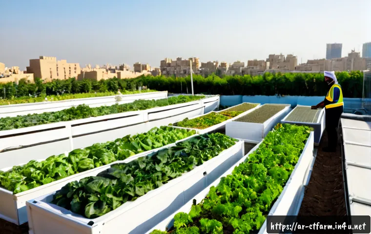 도시농업관리사 관련 국가 정책 - Photorealistic urban agriculture policy scene in a modern Arab city, a Middle Eastern municipal agri...