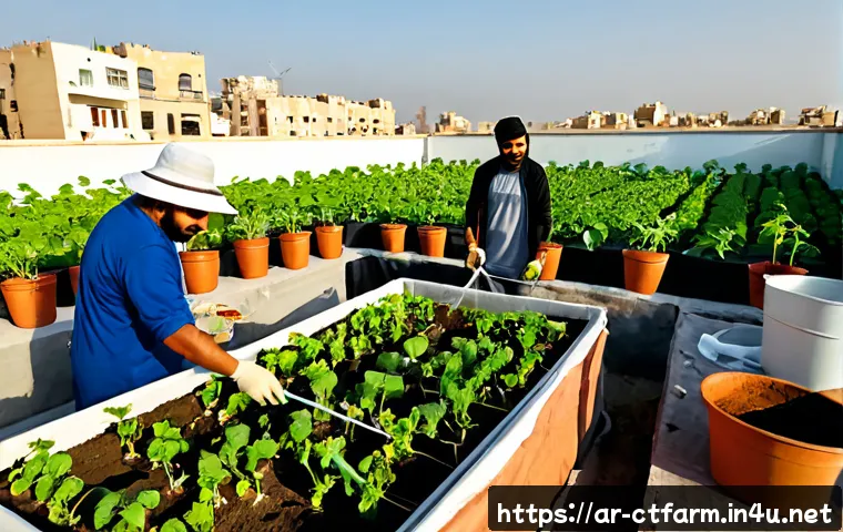 Home 30 도시농업관리사로서의 봉사활동 방법 - Photorealistic community rooftop garden in a modern Arab city, an urban agriculture volunteer coordi...